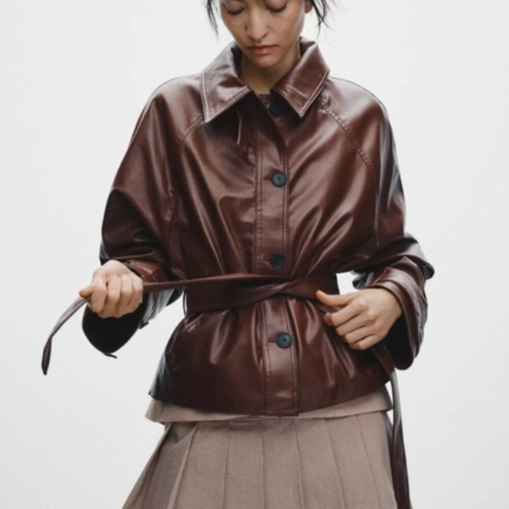Zara Short Faux Leather Tie Waist Trench (S)